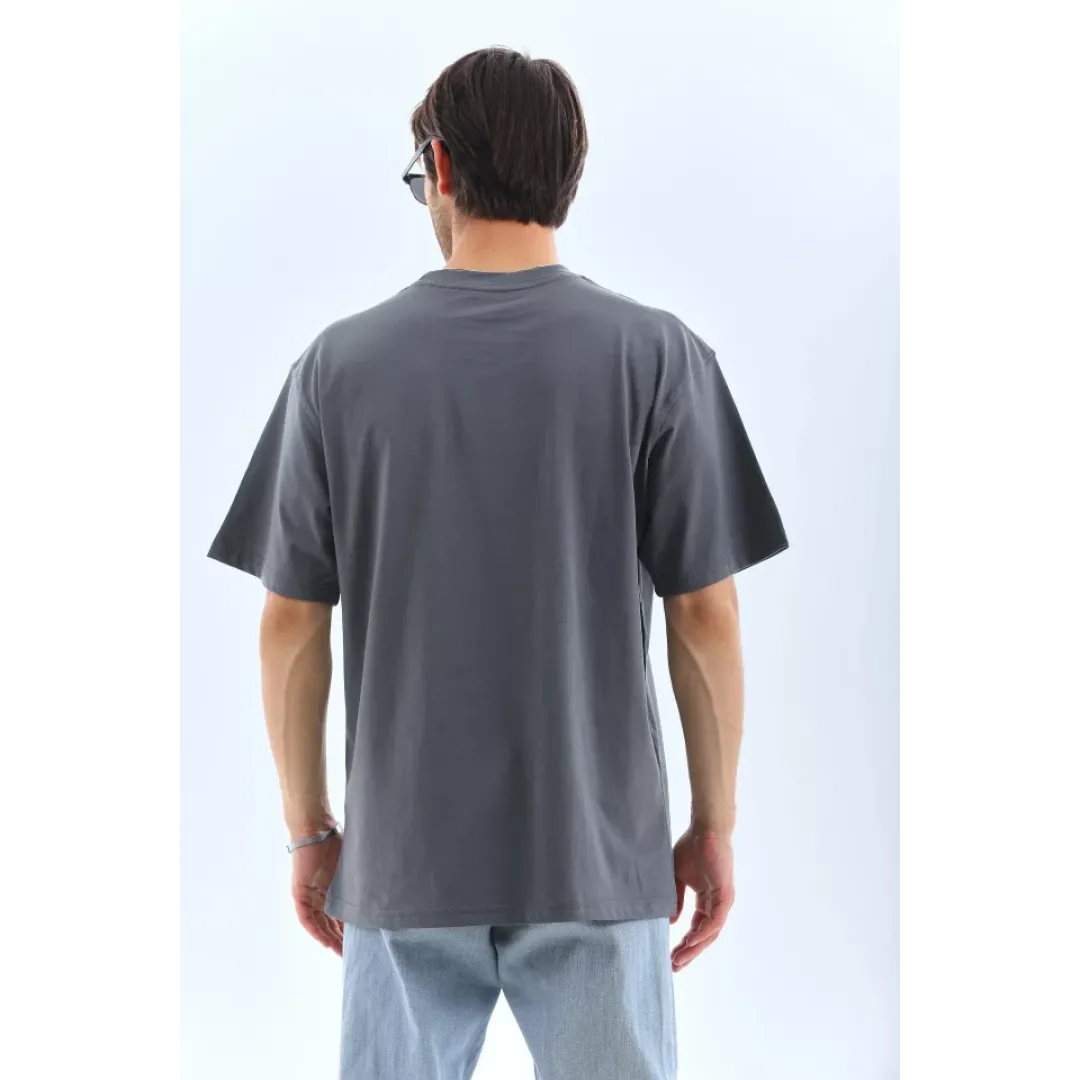 Unisex Oversize Taşlı Bisiklet Yaka T-Shirt - Füme - 95726