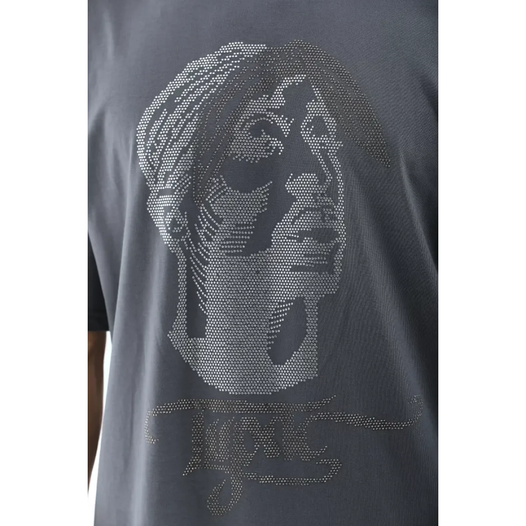 Unisex Oversize Taşlı Bisiklet Yaka T-Shirt - Füme - 95726