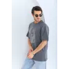 Unisex Oversize Taşlı Bisiklet Yaka T-Shirt - Füme - 95726