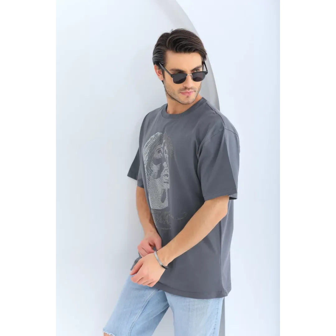 Unisex Oversize Taşlı Bisiklet Yaka T-Shirt - Füme - 95726