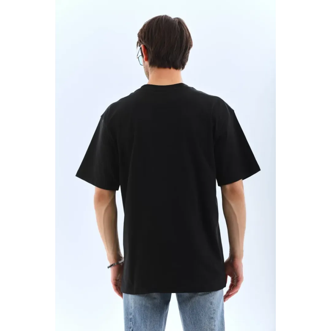 Unisex Oversize Taşlı Bisiklet Yaka T-Shirt - Siyah - 95729 Unisex Oversize Taşlı Bisiklet Yaka T-Shirt - Siyah - 95729