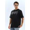 Unisex Oversize Taşlı Bisiklet Yaka T-Shirt - Siyah - 95729 Unisex Oversize Taşlı Bisiklet Yaka T-Shirt - Siyah - 95729