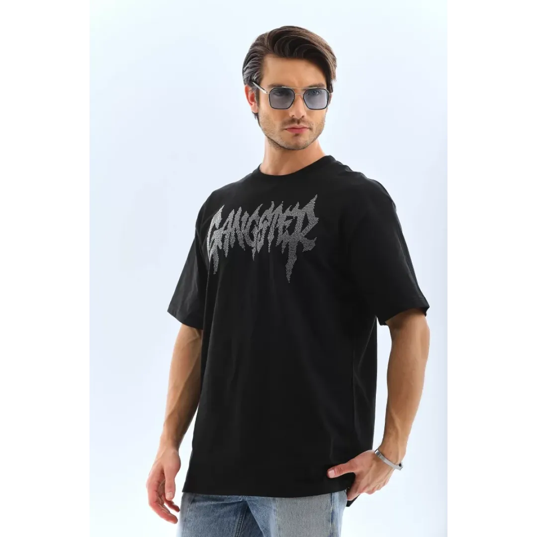 Unisex Oversize Taşlı Bisiklet Yaka T-Shirt - Siyah - 95729 Unisex Oversize Taşlı Bisiklet Yaka T-Shirt - Siyah - 95729