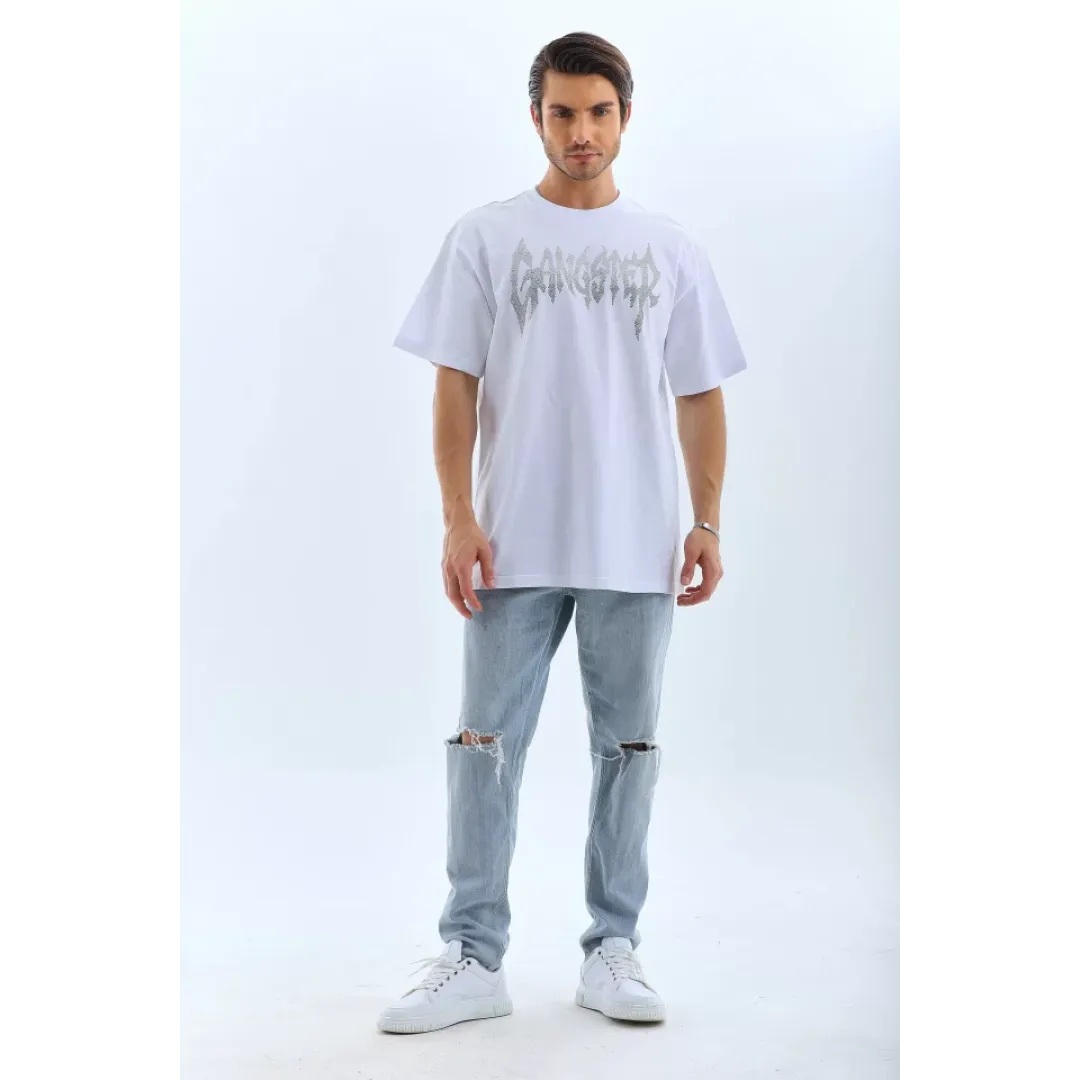 Unisex Oversize Taşlı Bisiklet Yaka T-Shirt - Beyaz - 95730 Unisex Oversize Taşlı Bisiklet Yaka T-Shirt - Beyaz - 95730