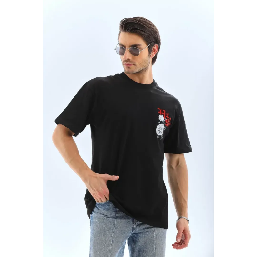 Unisex Oversize Baskılı Bisiklet Yaka T-Shirt - Siyah - 95732 Unisex Oversize Baskılı Bisiklet Yaka T-Shirt - Siyah - 95732