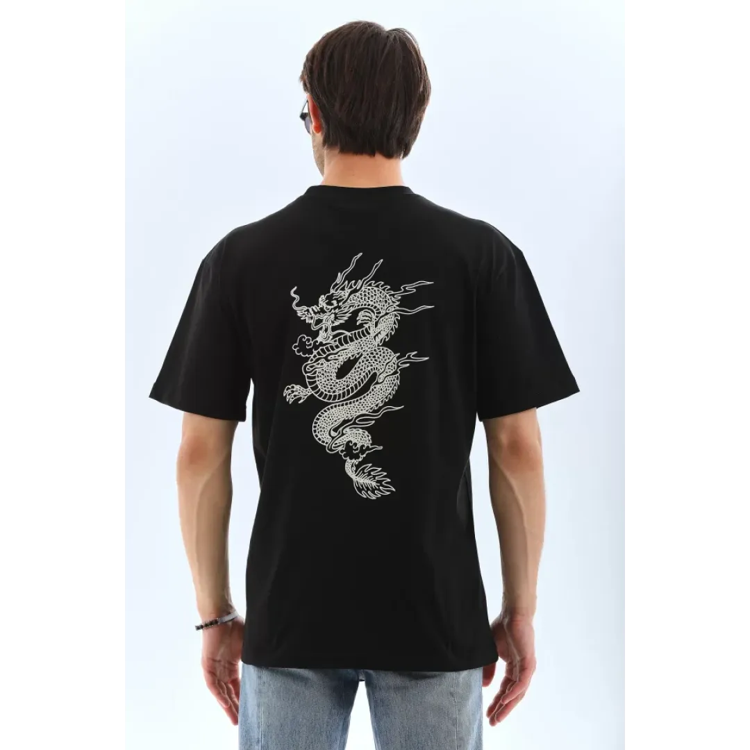 Unisex Oversize Baskılı Bisiklet Yaka T-Shirt - Siyah - 95733 Unisex Oversize Baskılı Bisiklet Yaka T-Shirt - Siyah - 95733