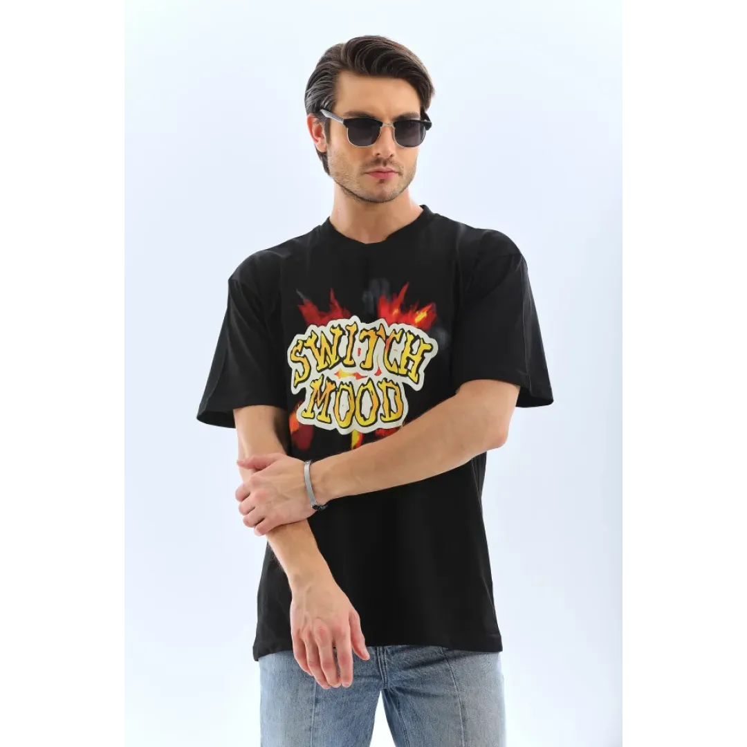 Unisex Oversize Baskılı Bisiklet Yaka T-Shirt - Siyah - 95733 Unisex Oversize Baskılı Bisiklet Yaka T-Shirt - Siyah - 95733