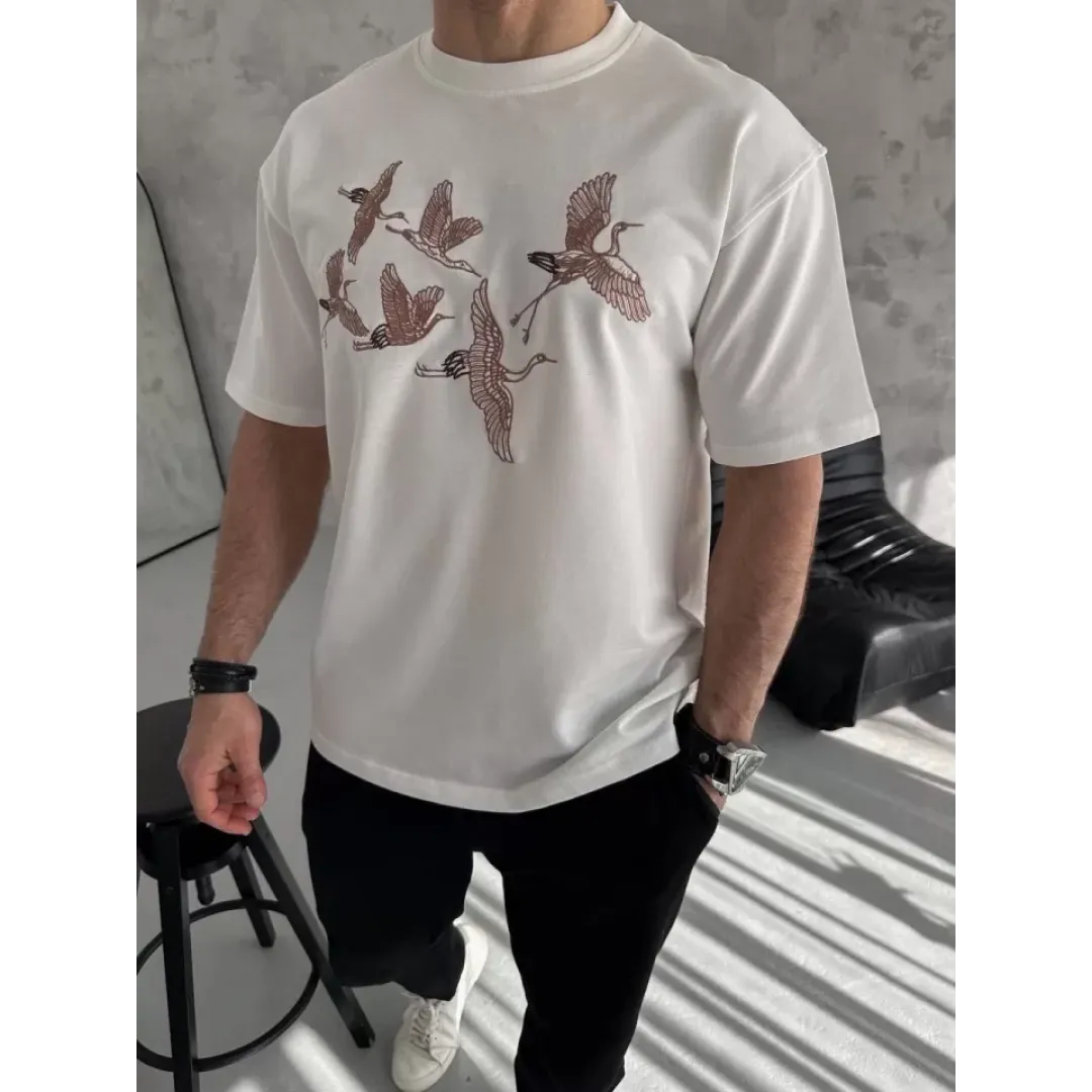 Unisex Nakış İşlemeli T-Shirt - Beyaz - 95882 Unisex Nakış İşlemeli T-Shirt - Beyaz - 95882