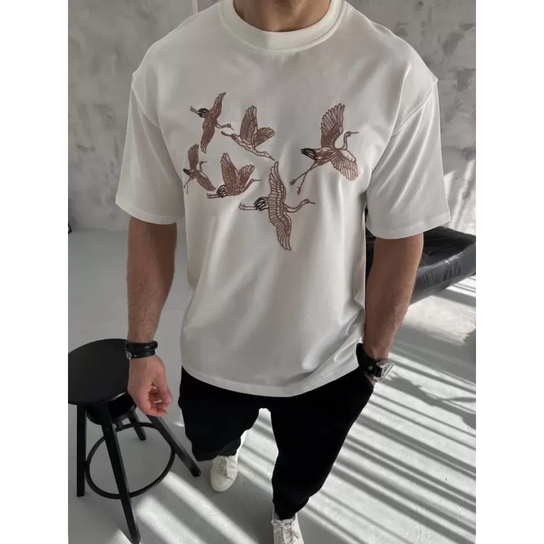 Unisex Nakış İşlemeli T-Shirt - Beyaz - 95882 Unisex Nakış İşlemeli T-Shirt - Beyaz - 95882