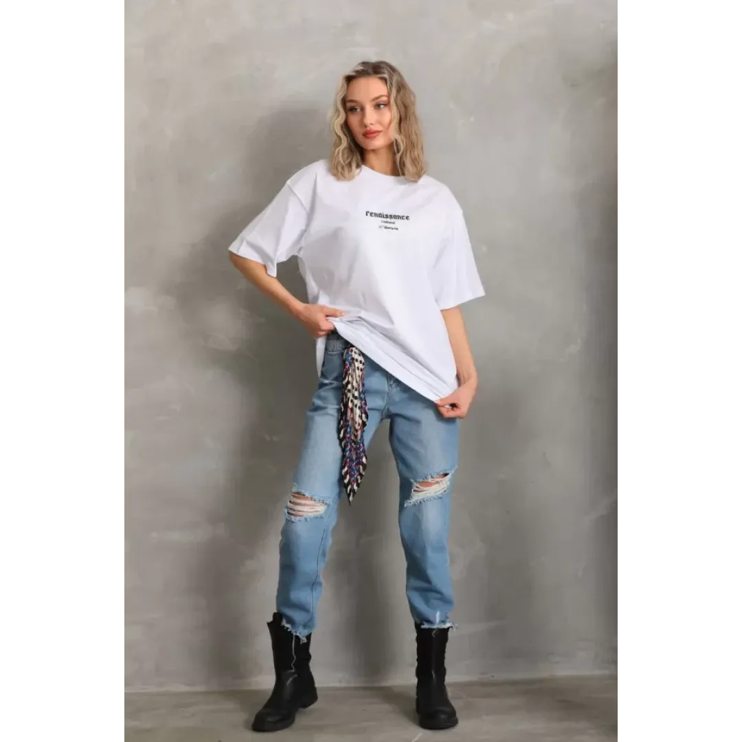Unisex Baskılı Oversize T-Shirt - Beyaz - 96228 Unisex Baskılı Oversize T-Shirt - Beyaz - 96228