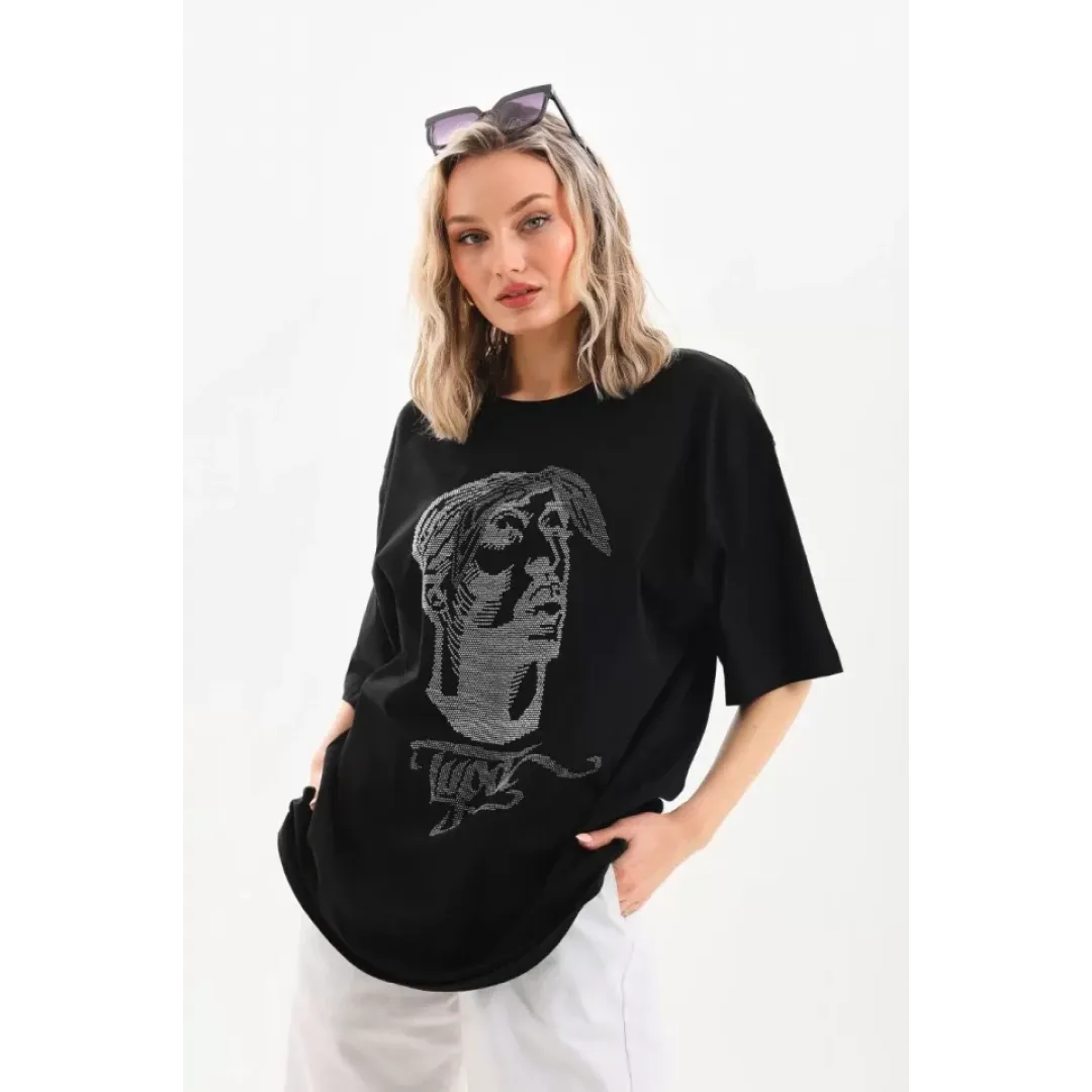 Unisex Taş Desenli Oversize T-Shirt - Siyah - 96231 Unisex Taş Desenli Oversize T-Shirt - Siyah - 96231