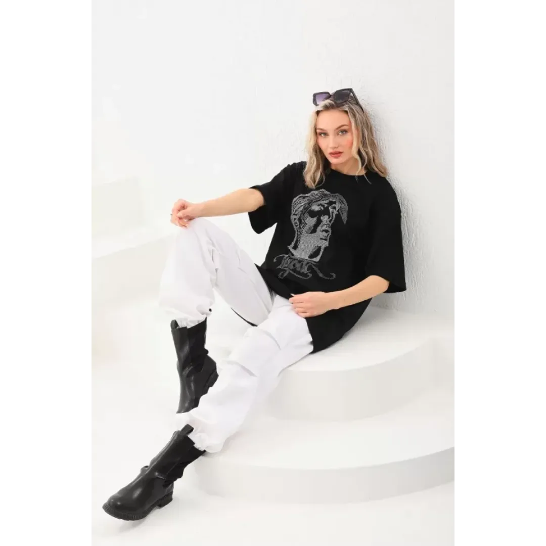 Unisex Taş Desenli Oversize T-Shirt - Siyah - 96231 Unisex Taş Desenli Oversize T-Shirt - Siyah - 96231