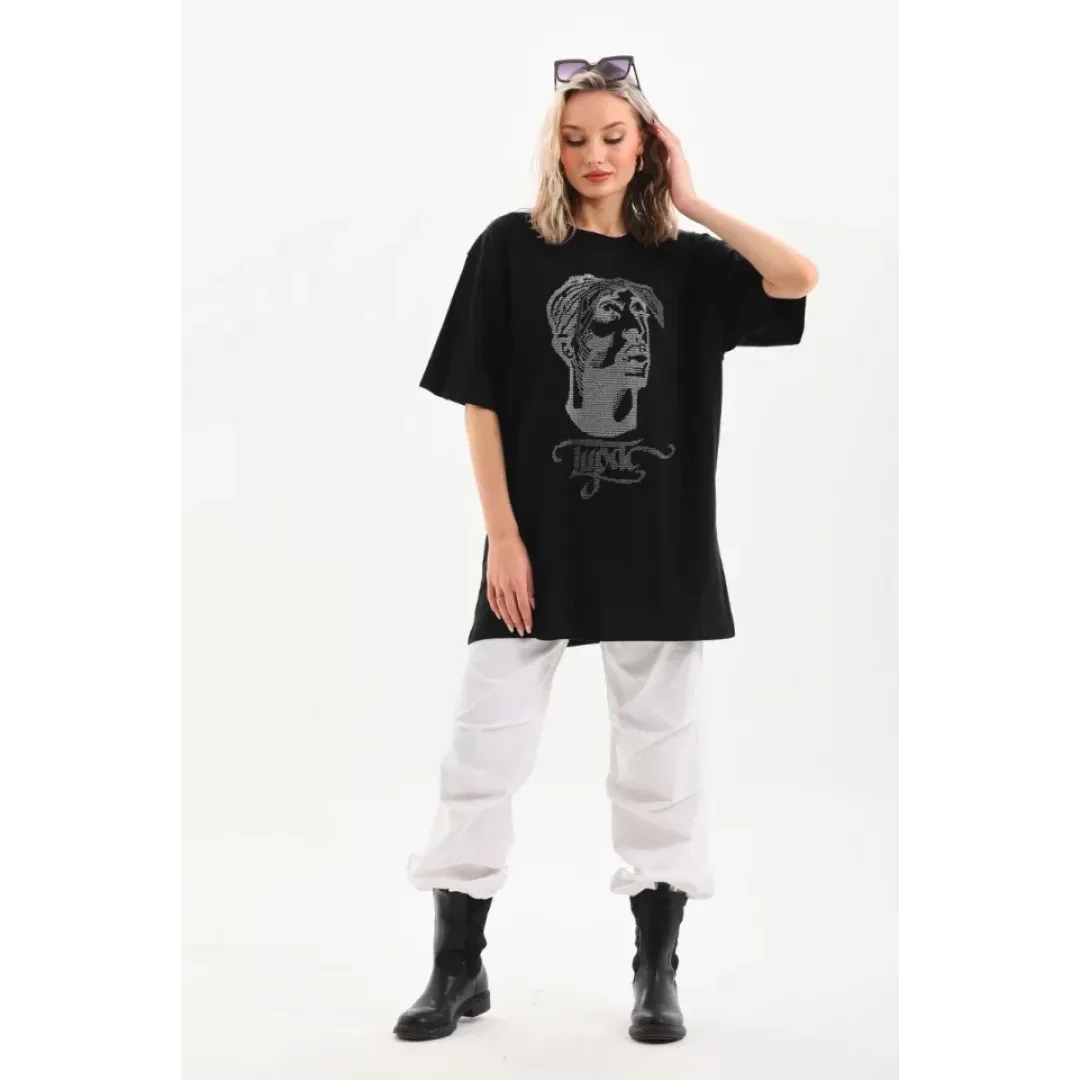 Unisex Taş Desenli Oversize T-Shirt - Siyah - 96231 Unisex Taş Desenli Oversize T-Shirt - Siyah - 96231
