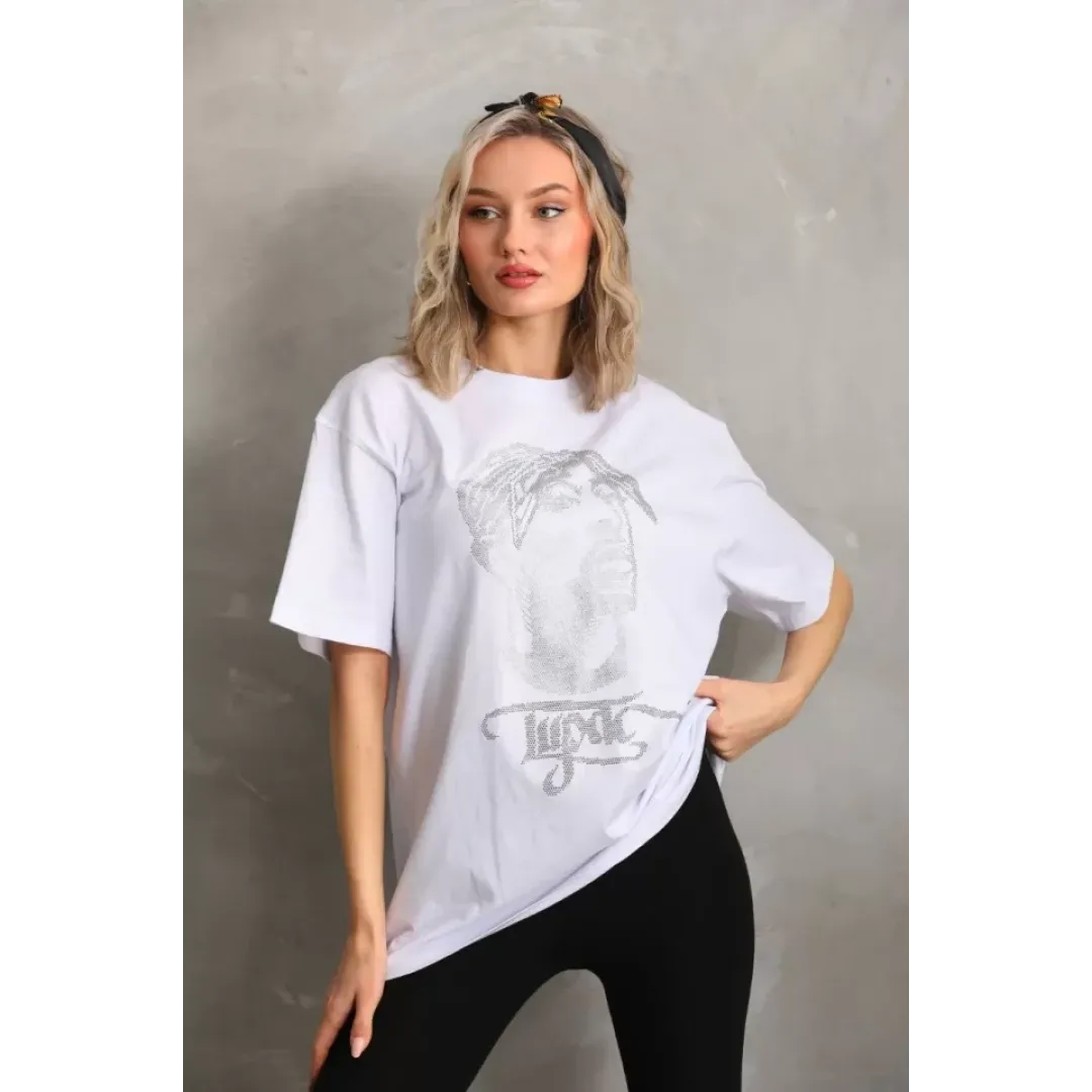 Unisex Taş Desenli Oversize T-Shirt - Beyaz - 96233 Unisex Taş Desenli Oversize T-Shirt - Beyaz - 96233