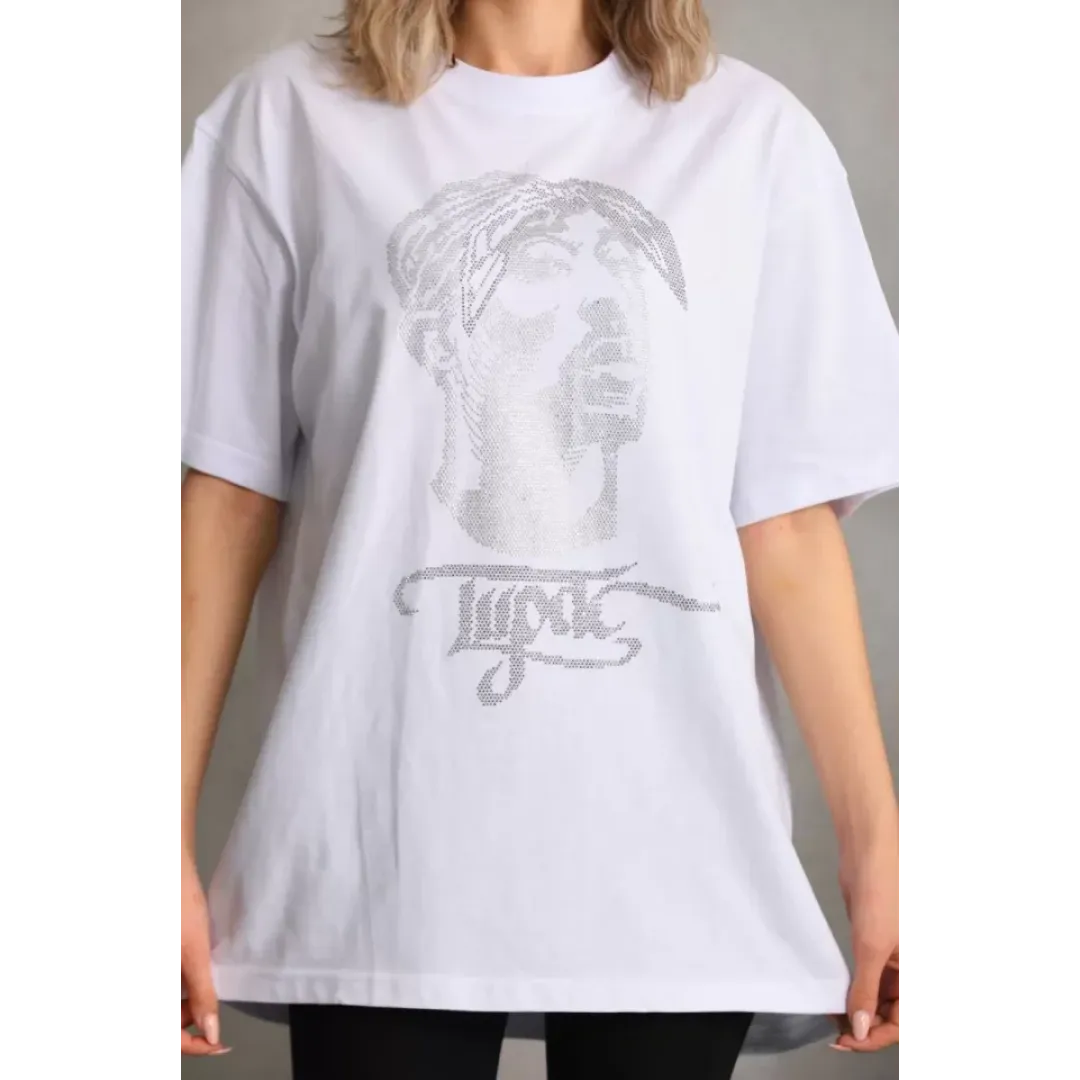 Unisex Taş Desenli Oversize T-Shirt - Beyaz - 96233 Unisex Taş Desenli Oversize T-Shirt - Beyaz - 96233