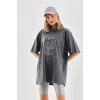 Unisex Taş Desenli Oversize T-Shirt - Füme - 96234 Unisex Taş Desenli Oversize T-Shirt - Füme - 96234
