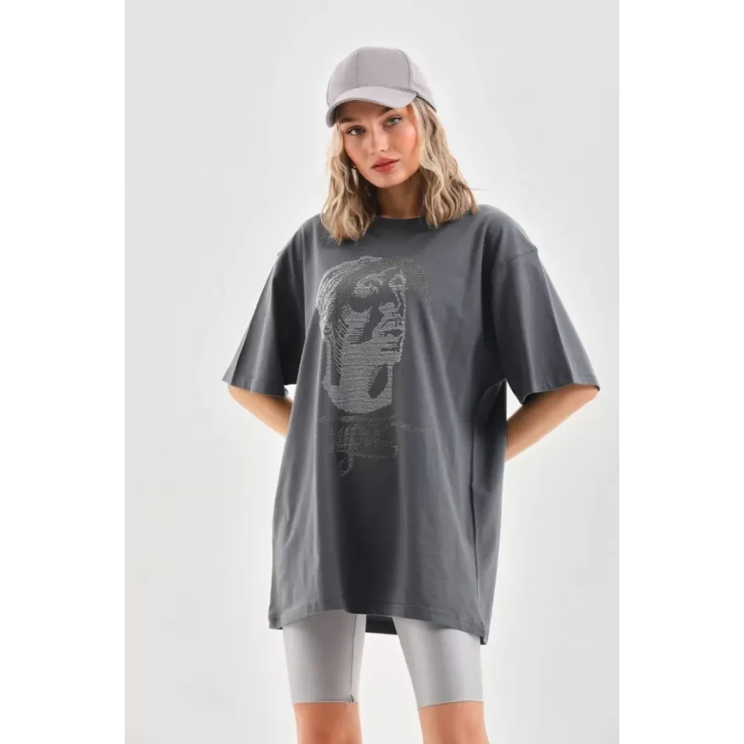 Unisex Taş Desenli Oversize T-Shirt - Füme - 96234 Unisex Taş Desenli Oversize T-Shirt - Füme - 96234