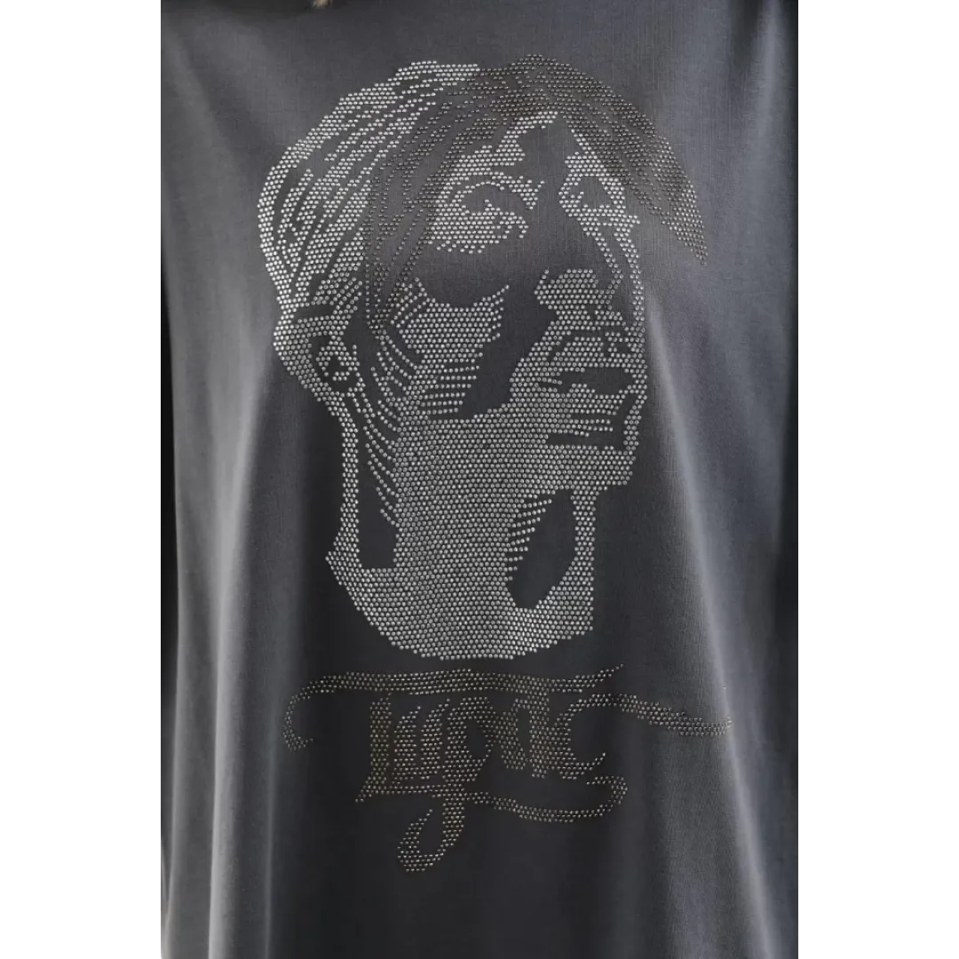 Unisex Taş Desenli Oversize T-Shirt - Füme - 96234 Unisex Taş Desenli Oversize T-Shirt - Füme - 96234