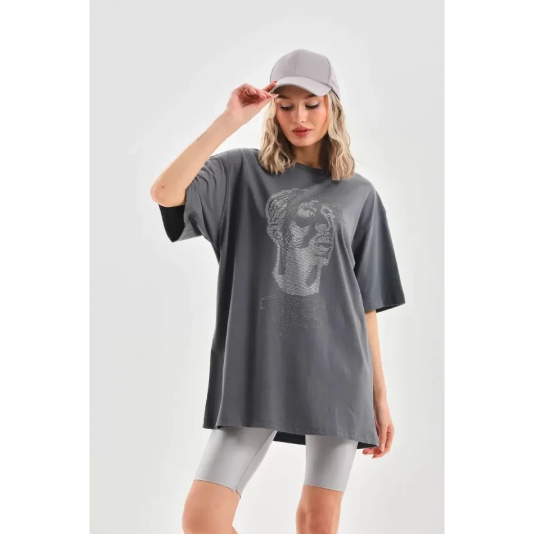 Unisex Taş Desenli Oversize T-Shirt - Füme - 96234 Unisex Taş Desenli Oversize T-Shirt - Füme - 96234