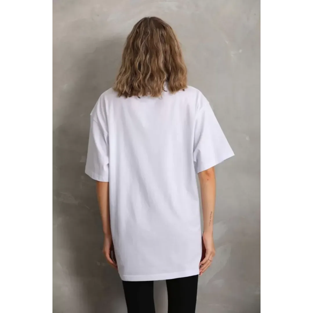 Unisex Taş Desenli Oversize T-Shirt - Beyaz - 96236 Unisex Taş Desenli Oversize T-Shirt - Beyaz - 96236