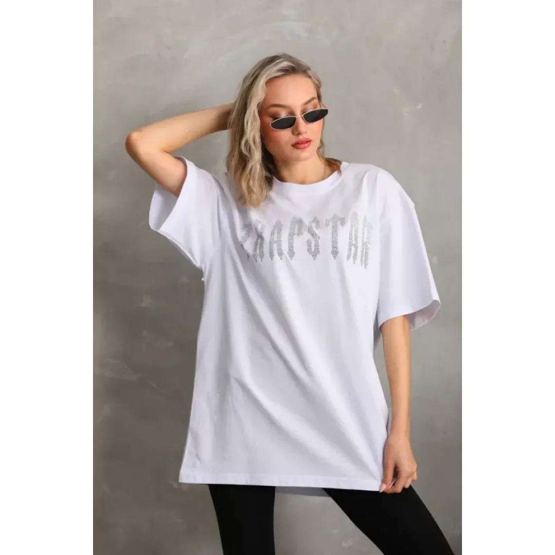 Unisex Taş Desenli Oversize T-Shirt - Beyaz - 96236 Unisex Taş Desenli Oversize T-Shirt - Beyaz - 96236