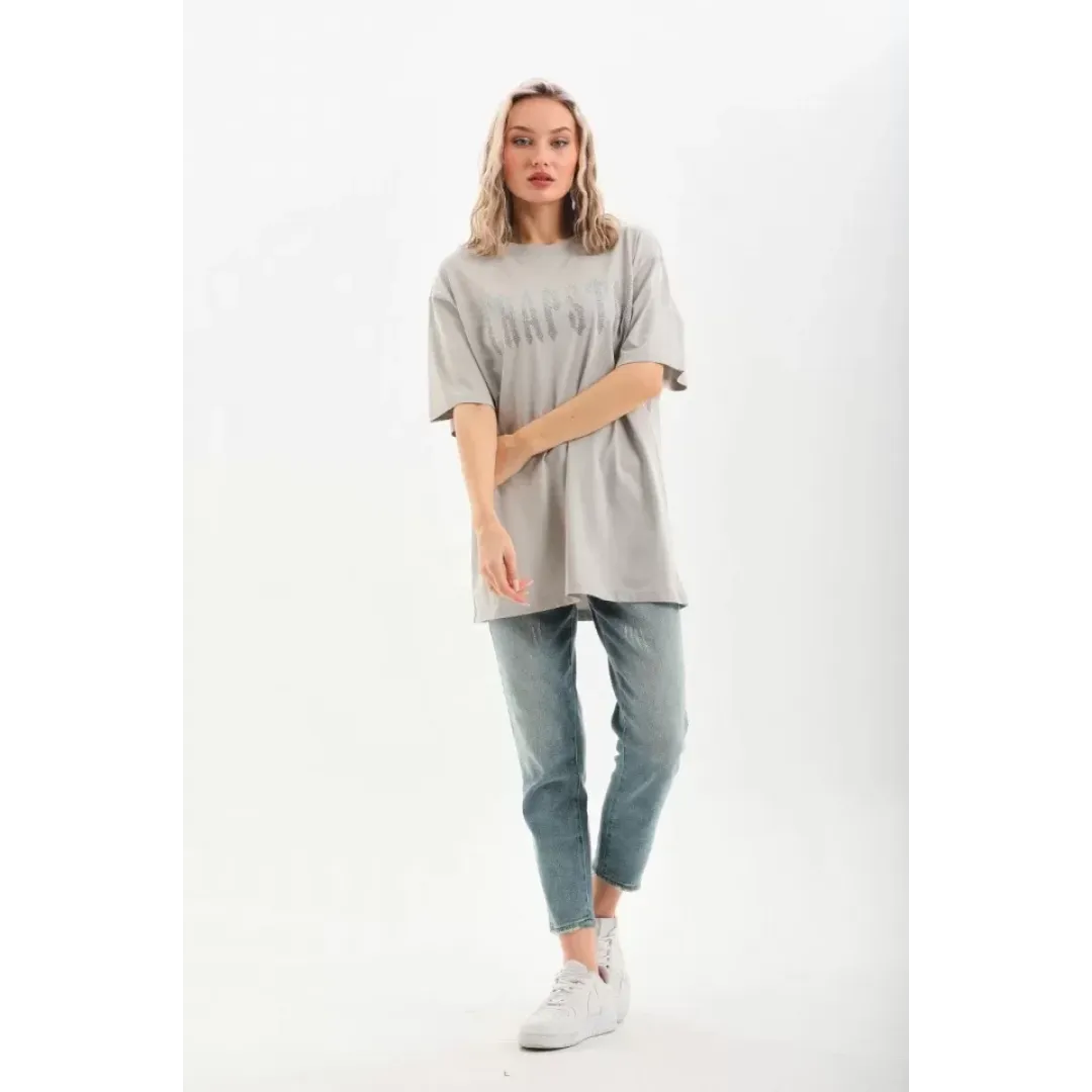 Unisex Taş Desenli Oversize T-Shirt - Gri - 96237 Unisex Taş Desenli Oversize T-Shirt - Gri - 96237