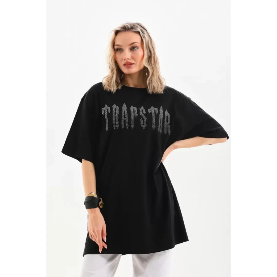 Unisex Taş Desenli Oversize T-Shirt - Siyah - 96238 Unisex Taş Desenli Oversize T-Shirt - Siyah - 96238