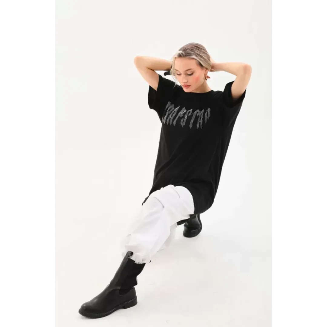 Unisex Taş Desenli Oversize T-Shirt - Siyah - 96238 Unisex Taş Desenli Oversize T-Shirt - Siyah - 96238