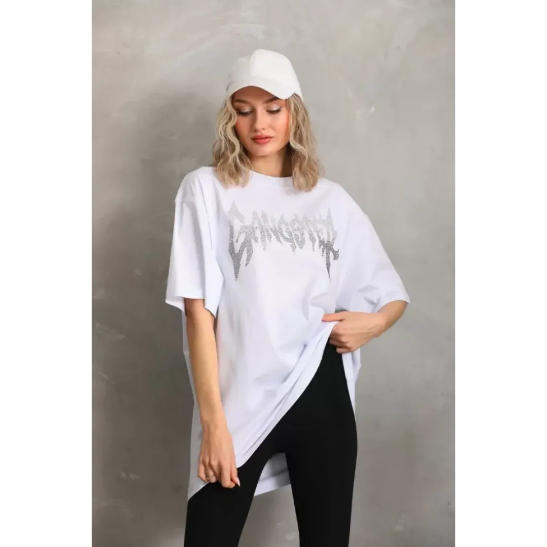 Unisex Taş Desenli Oversize T-Shirt - Beyaz - 96241 Unisex Taş Desenli Oversize T-Shirt - Beyaz - 96241