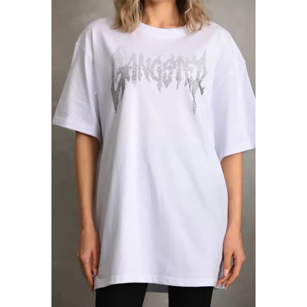 Unisex Taş Desenli Oversize T-Shirt - Beyaz - 96241 Unisex Taş Desenli Oversize T-Shirt - Beyaz - 96241
