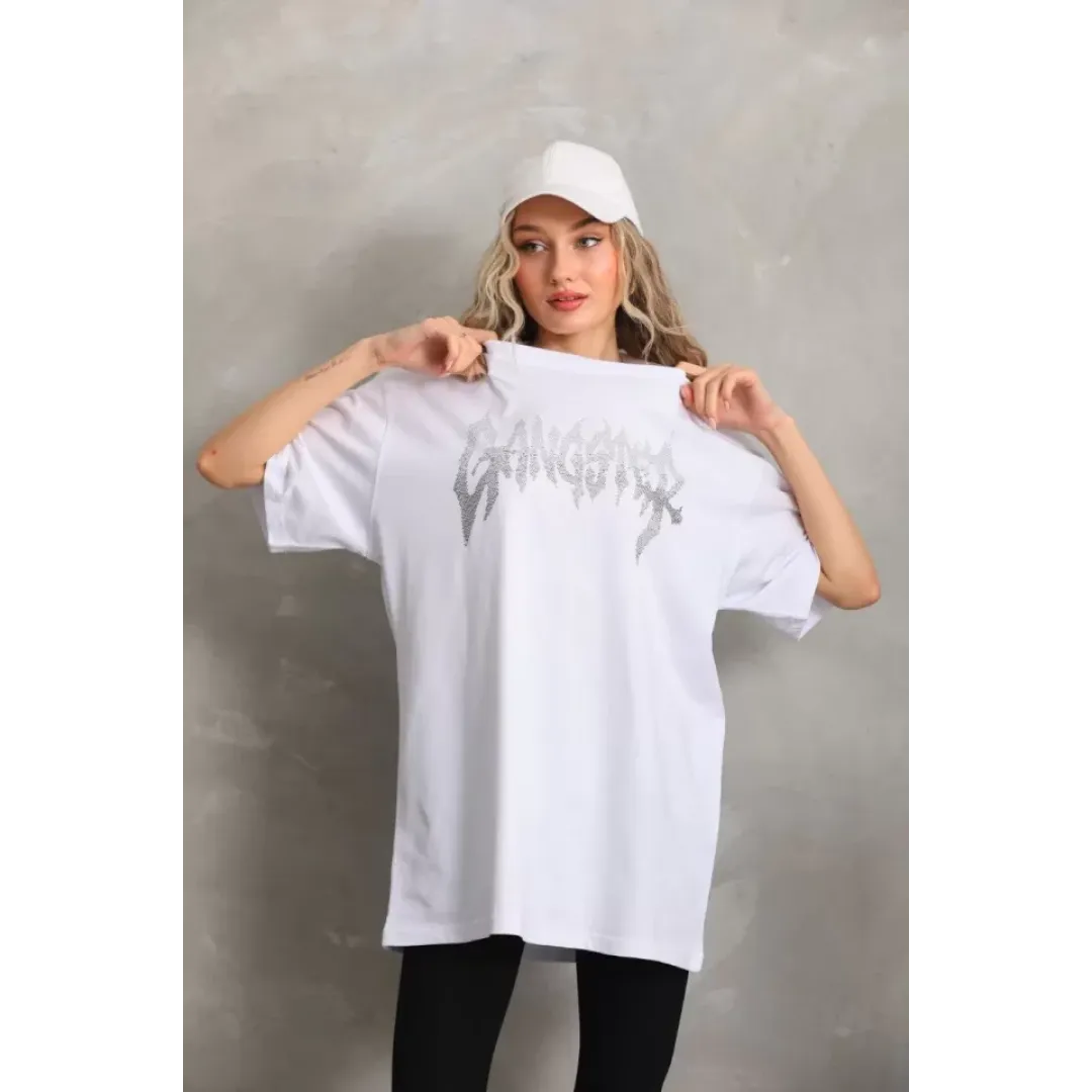 Unisex Taş Desenli Oversize T-Shirt - Beyaz - 96241 Unisex Taş Desenli Oversize T-Shirt - Beyaz - 96241