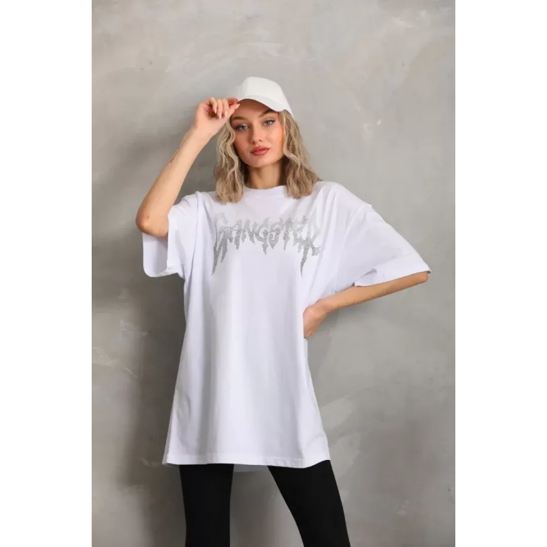 Unisex Taş Desenli Oversize T-Shirt - Beyaz - 96241 Unisex Taş Desenli Oversize T-Shirt - Beyaz - 96241