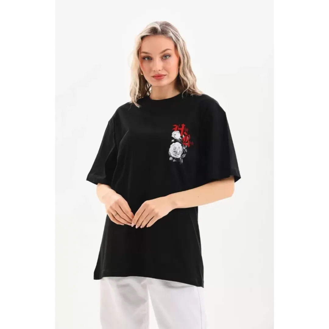 Unisex Baskılı Oversize T-Shirt - Siyah - 96244 Unisex Baskılı Oversize T-Shirt - Siyah - 96244