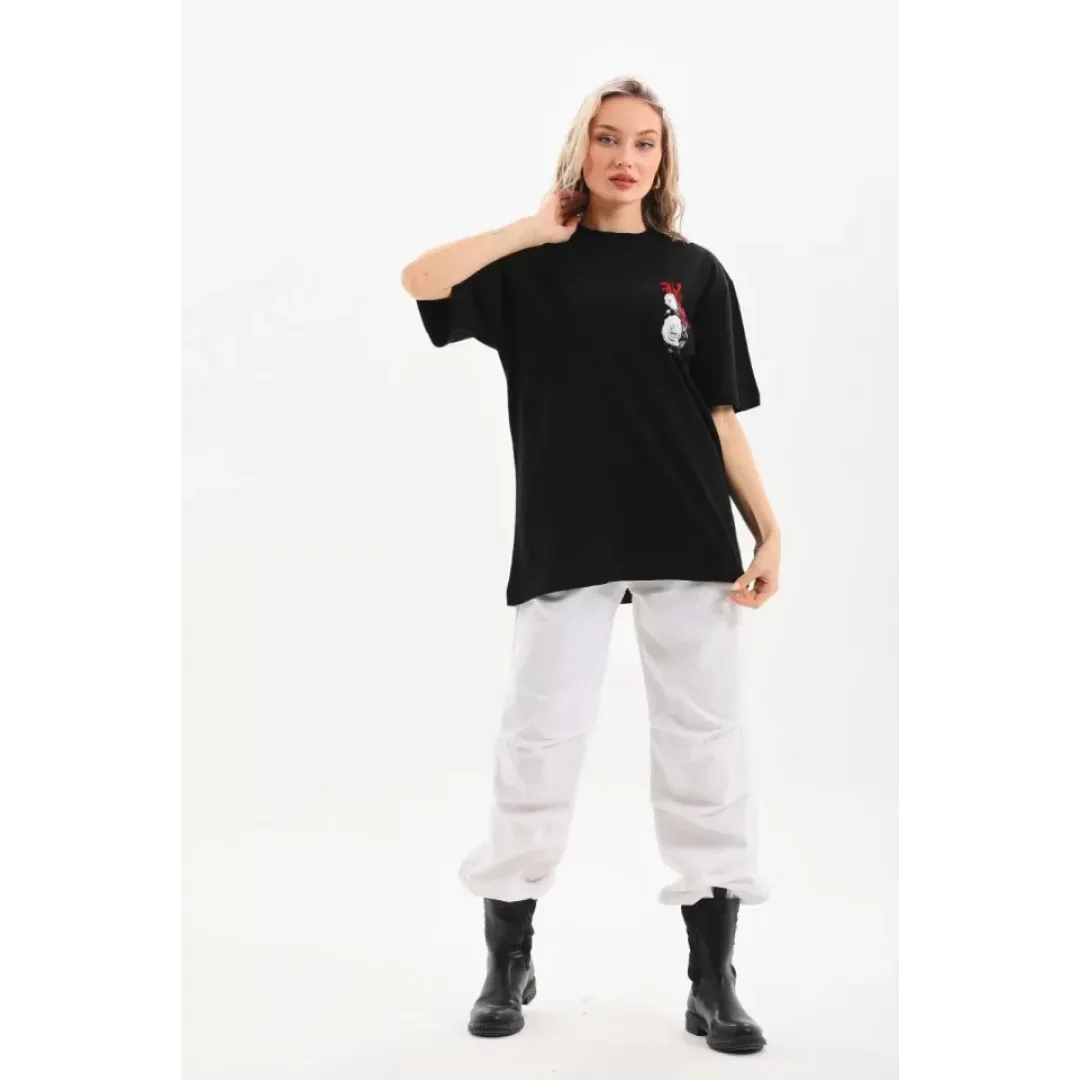 Unisex Baskılı Oversize T-Shirt - Siyah - 96244 Unisex Baskılı Oversize T-Shirt - Siyah - 96244