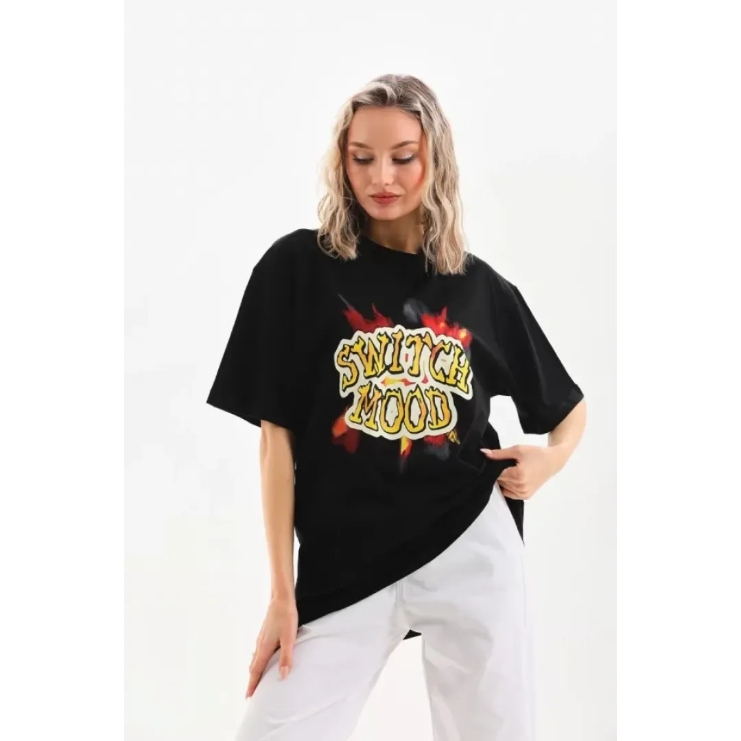 Unisex Baskılı Oversize T-Shirt - Siyah - 96245 Unisex Baskılı Oversize T-Shirt - Siyah - 96245