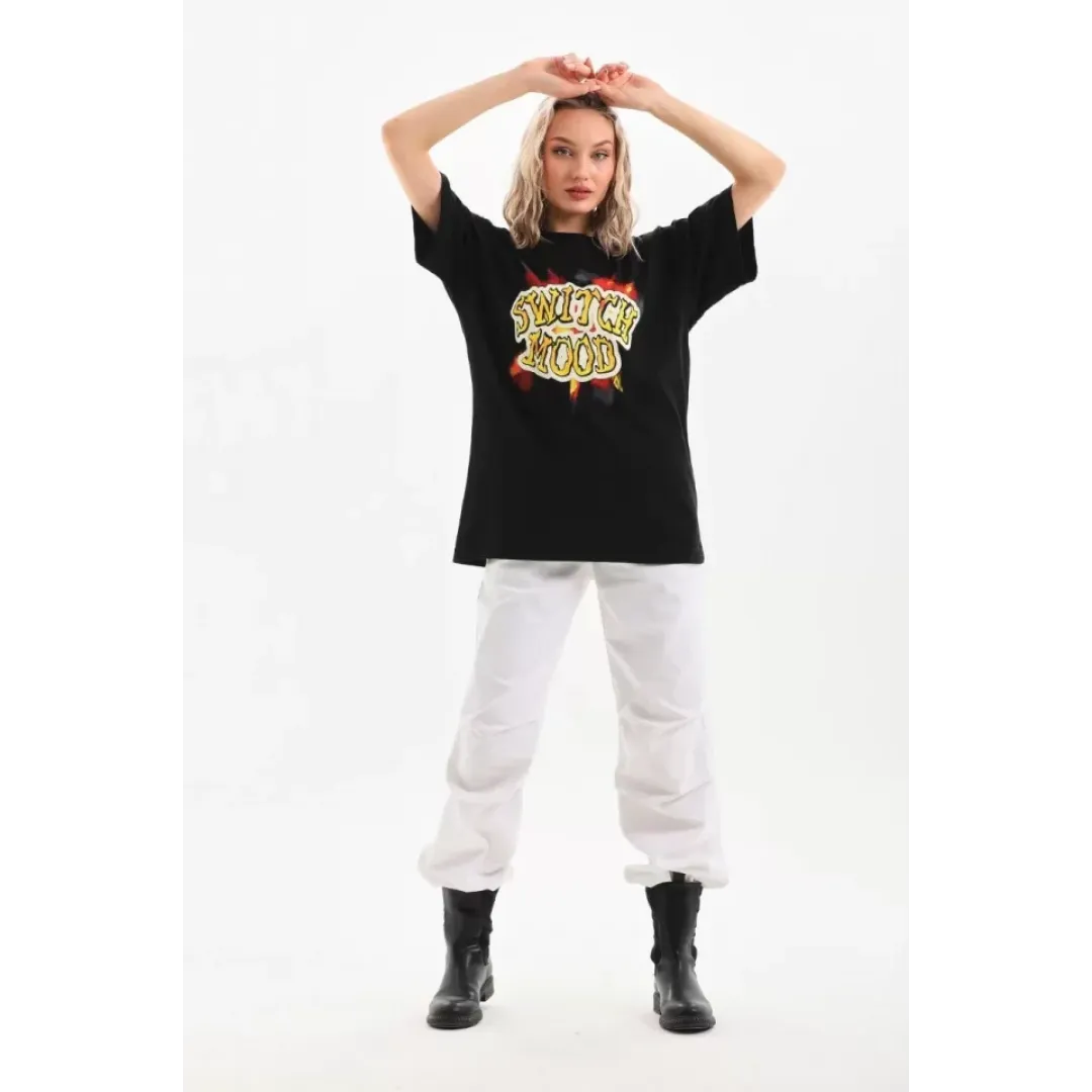 Unisex Baskılı Oversize T-Shirt - Siyah - 96245 Unisex Baskılı Oversize T-Shirt - Siyah - 96245