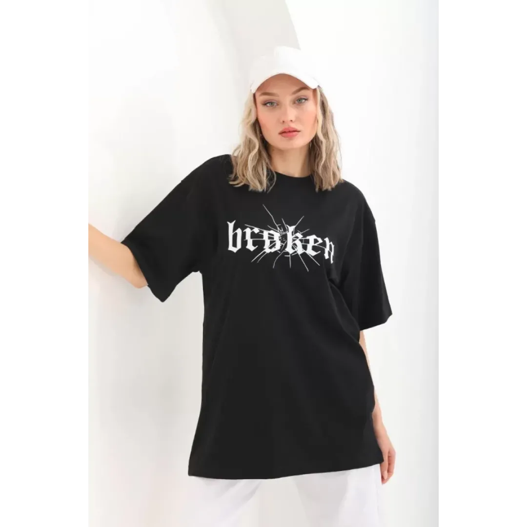 Unisex Baskılı Oversize T-Shirt - Siyah - 96247 Unisex Baskılı Oversize T-Shirt - Siyah - 96247