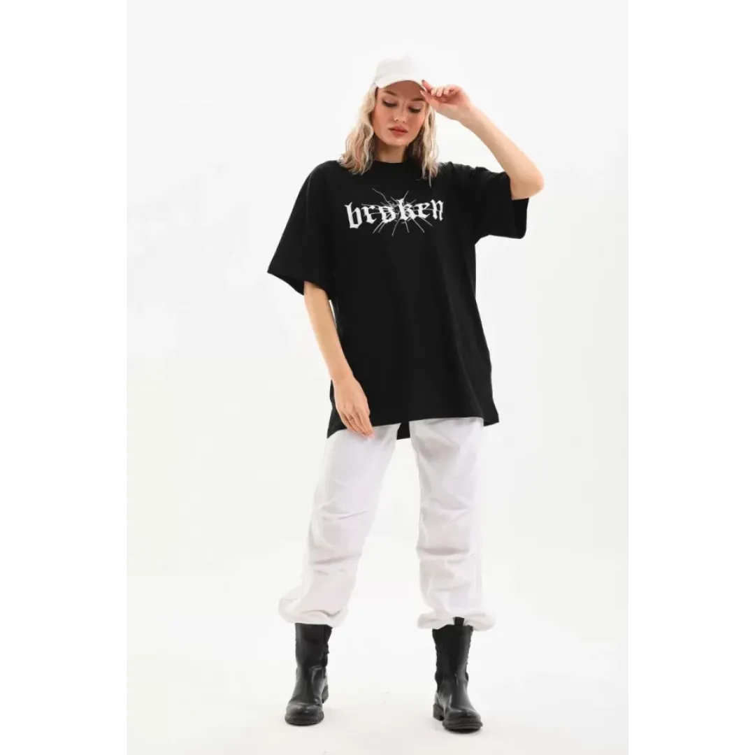 Unisex Baskılı Oversize T-Shirt - Siyah - 96247 Unisex Baskılı Oversize T-Shirt - Siyah - 96247