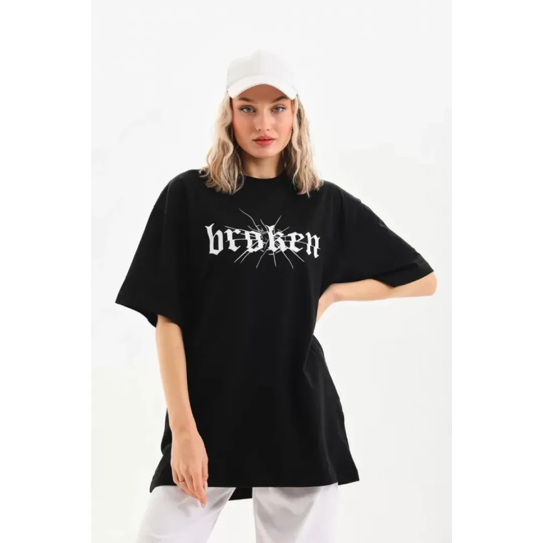 Unisex Baskılı Oversize T-Shirt - Siyah - 96247 Unisex Baskılı Oversize T-Shirt - Siyah - 96247