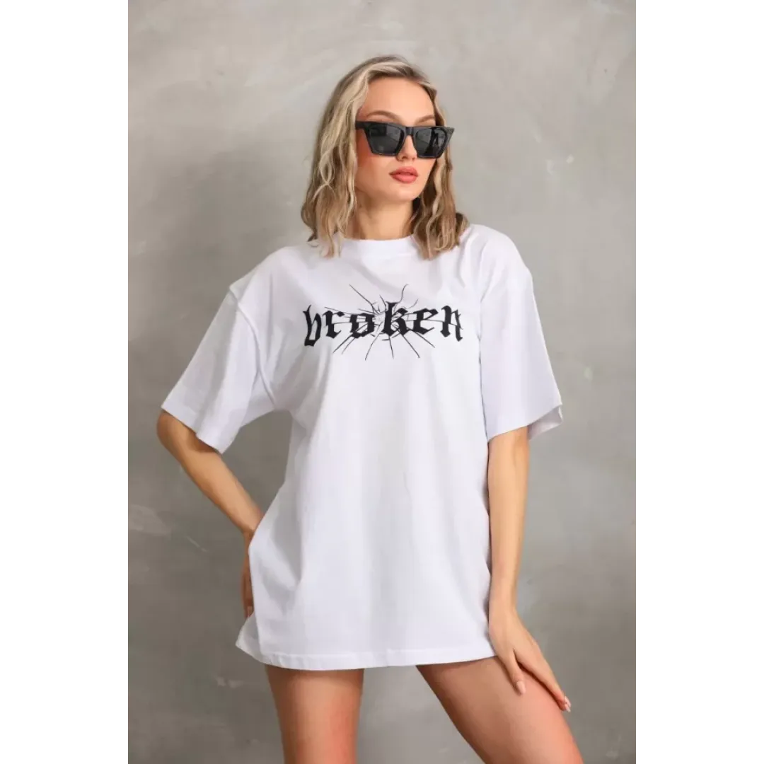 Unisex Baskılı Oversize T-Shirt - Beyaz - 96248 Unisex Baskılı Oversize T-Shirt - Beyaz - 96248