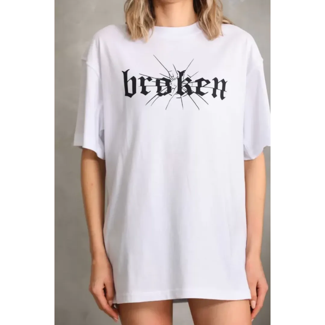 Unisex Baskılı Oversize T-Shirt - Beyaz - 96248 Unisex Baskılı Oversize T-Shirt - Beyaz - 96248