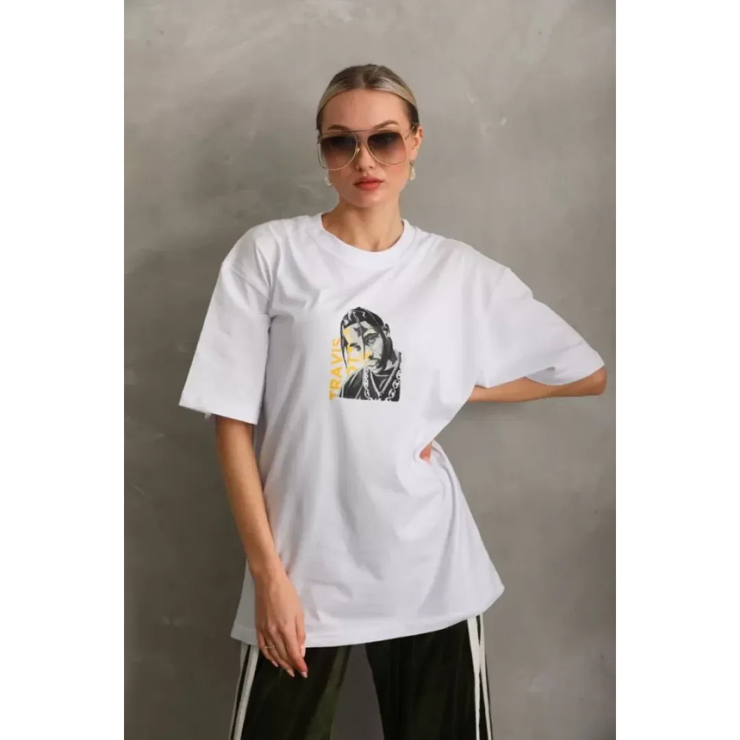 Unisex Baskılı Oversize T-Shirt - Beyaz - 96307 Unisex Baskılı Oversize T-Shirt - Beyaz - 96307