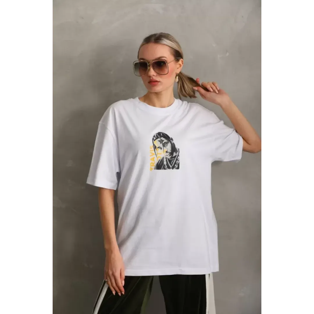 Unisex Baskılı Oversize T-Shirt - Beyaz - 96307 Unisex Baskılı Oversize T-Shirt - Beyaz - 96307