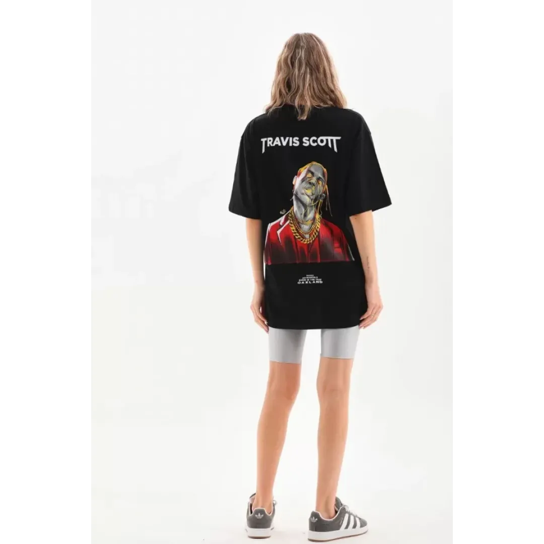 Unisex Baskılı Oversize T-Shirt - Siyah - 96308