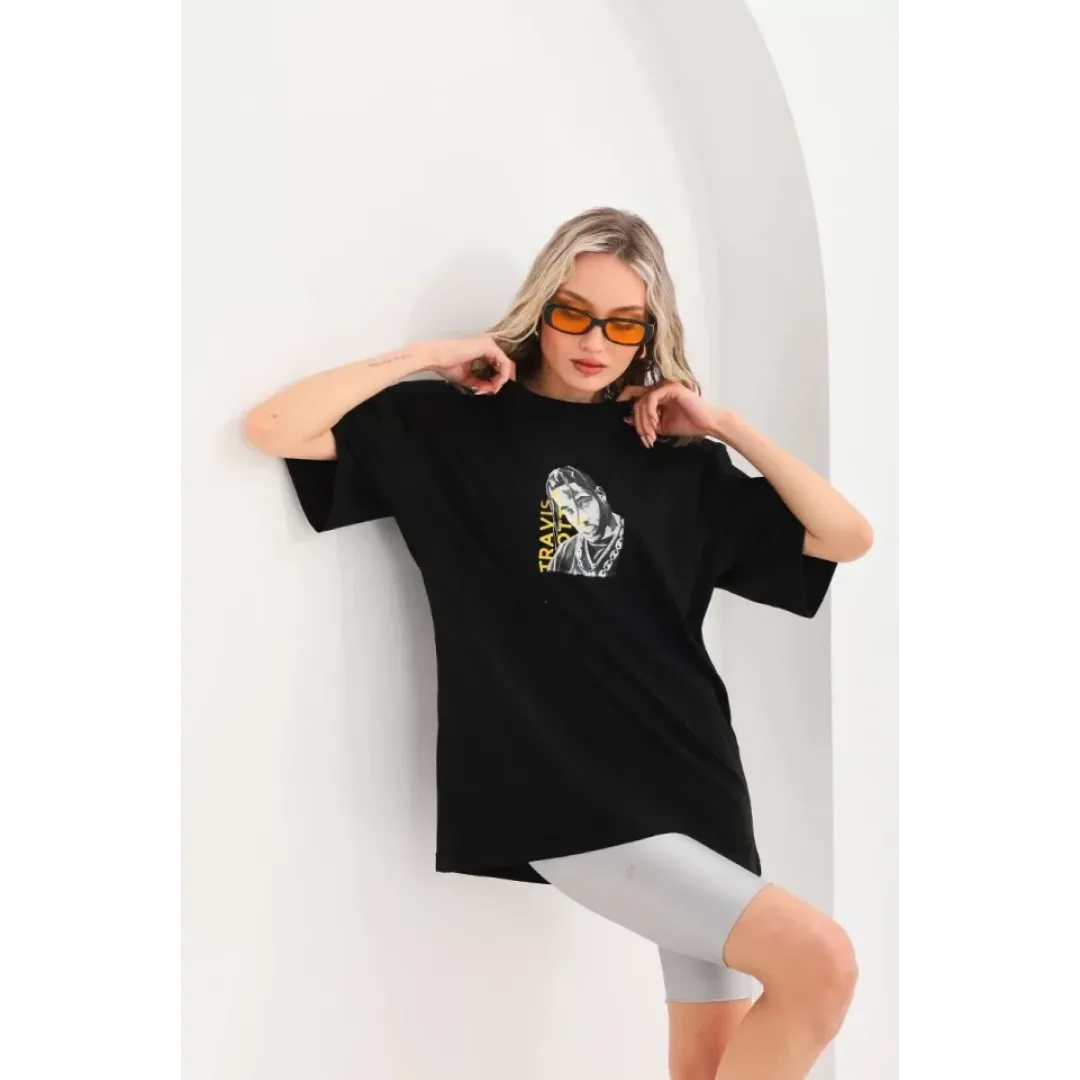 Unisex Baskılı Oversize T-Shirt - Siyah - 96308