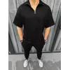 Unisex Yarım Fermuarlı Basic T-Shirt - Siyah - 97079 Unisex Yarım Fermuarlı Basic T-Shirt - Siyah - 97079