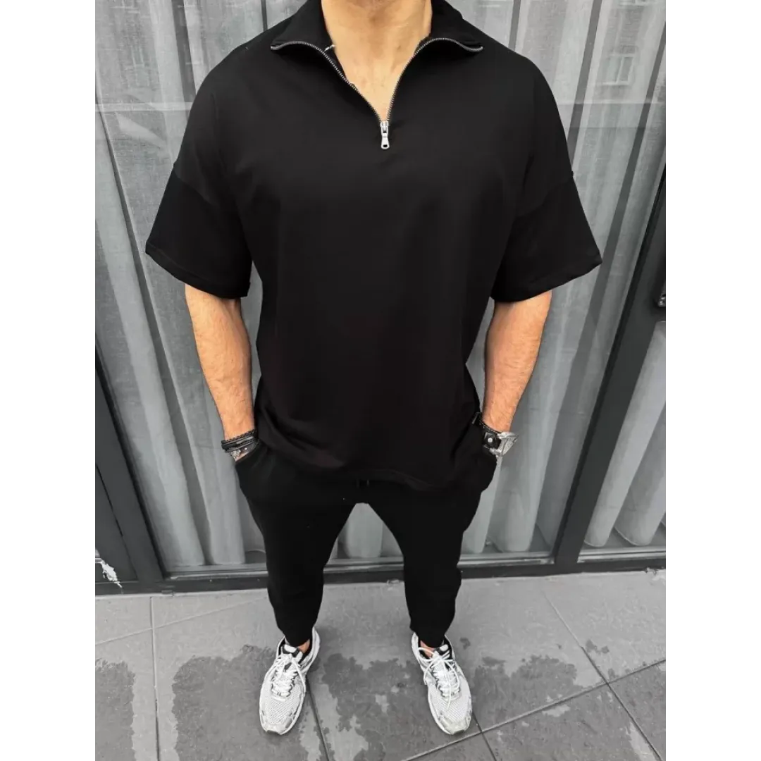 Unisex Yarım Fermuarlı Basic T-Shirt - Siyah - 97079 Unisex Yarım Fermuarlı Basic T-Shirt - Siyah - 97079