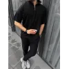 Unisex Yarım Fermuarlı Basic T-Shirt - Siyah - 97079 Unisex Yarım Fermuarlı Basic T-Shirt - Siyah - 97079