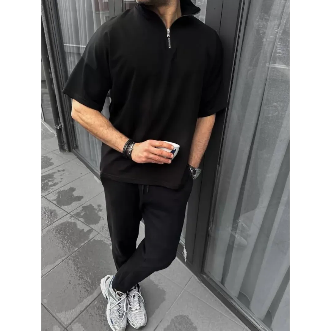 Unisex Yarım Fermuarlı Basic T-Shirt - Siyah - 97079 Unisex Yarım Fermuarlı Basic T-Shirt - Siyah - 97079