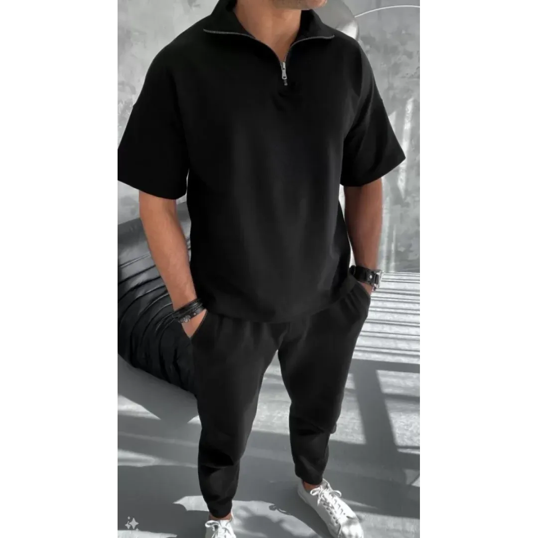 Unisex Yarım Fermuarlı Basic T-Shirt - Siyah - 97079 Unisex Yarım Fermuarlı Basic T-Shirt - Siyah - 97079